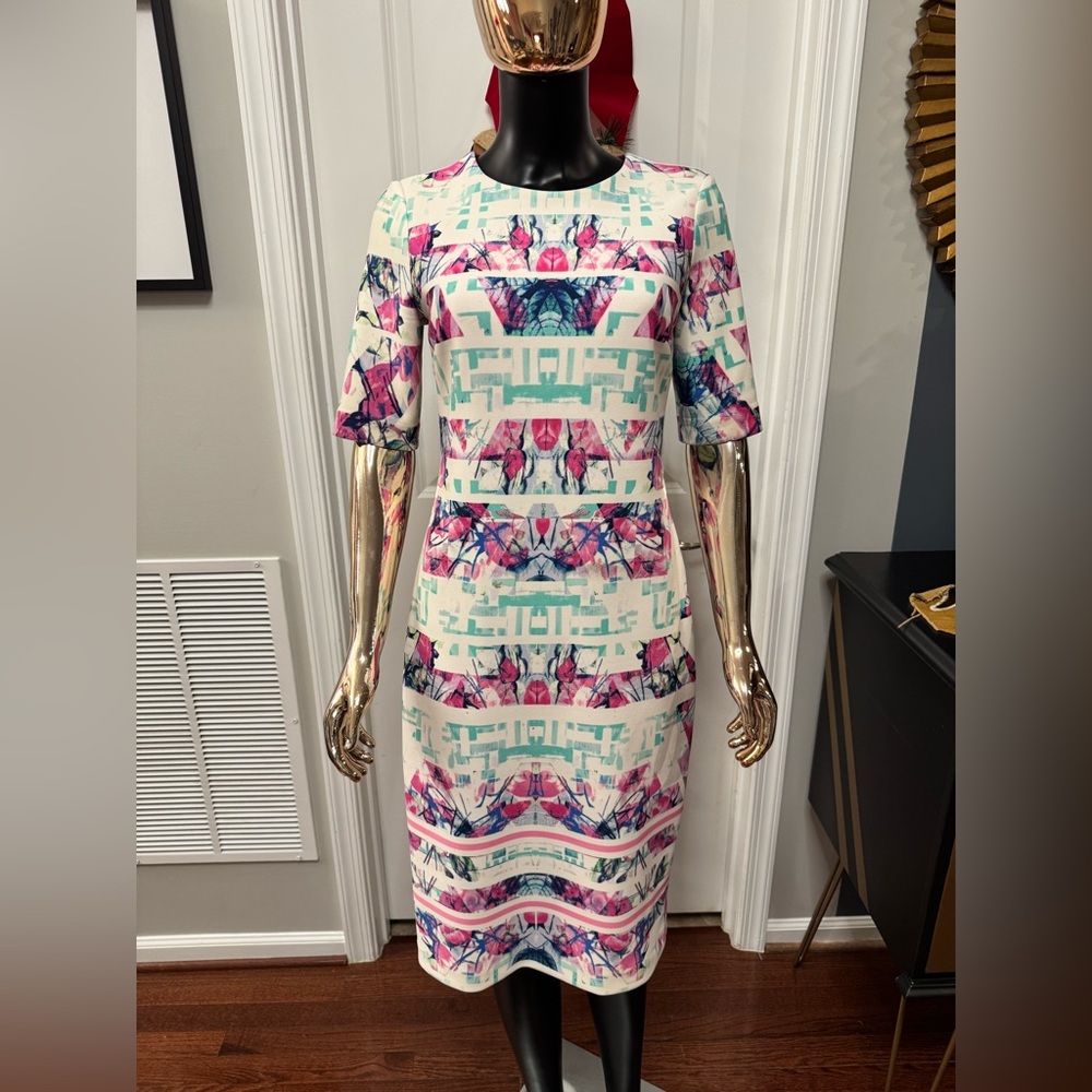 Vince Camuto Pink and Blue Geometric Midi Dress
